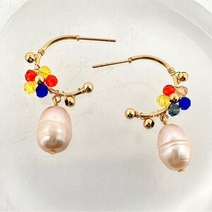 Freshwater Pearl 18k Gold Plated Multicolor Beaded Flower Drop Hoop Earrings